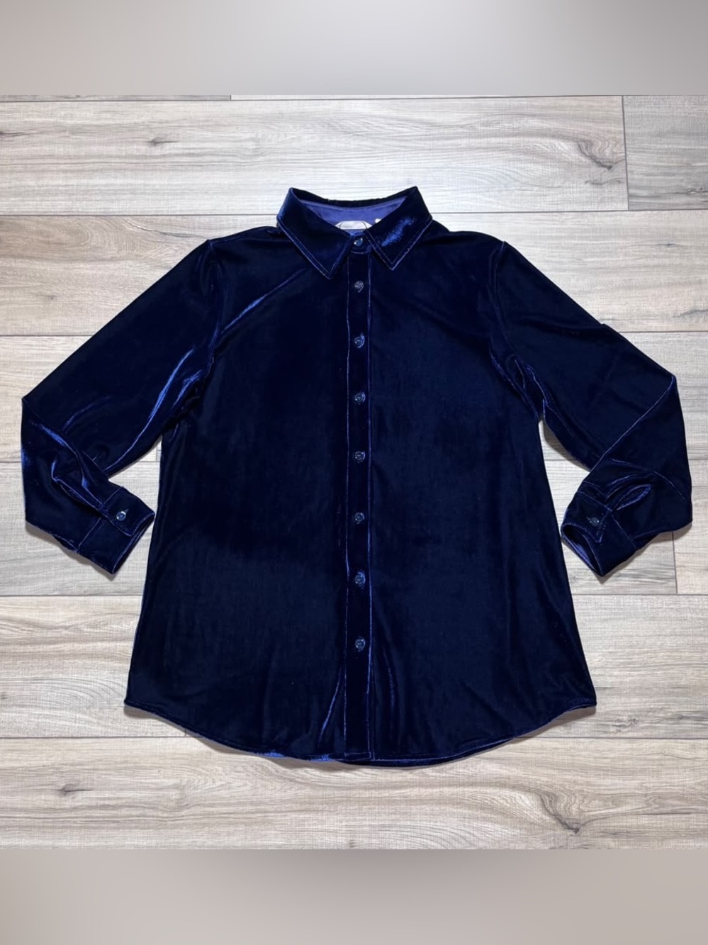 Soft Surroundings Women’s Velvet Boyfriend Button Up Tunic Shirt M Navy Blue
